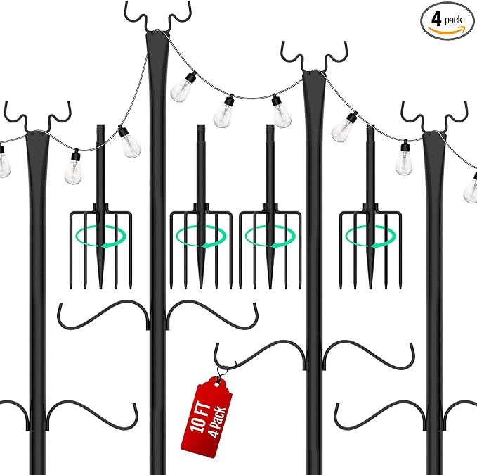 Birdream 4 Pack 10FT String Light Poles for Outside with Shepherd's Hook, Metal Pole for Wedding Party Garden Backyard Patio Decor Decoractions