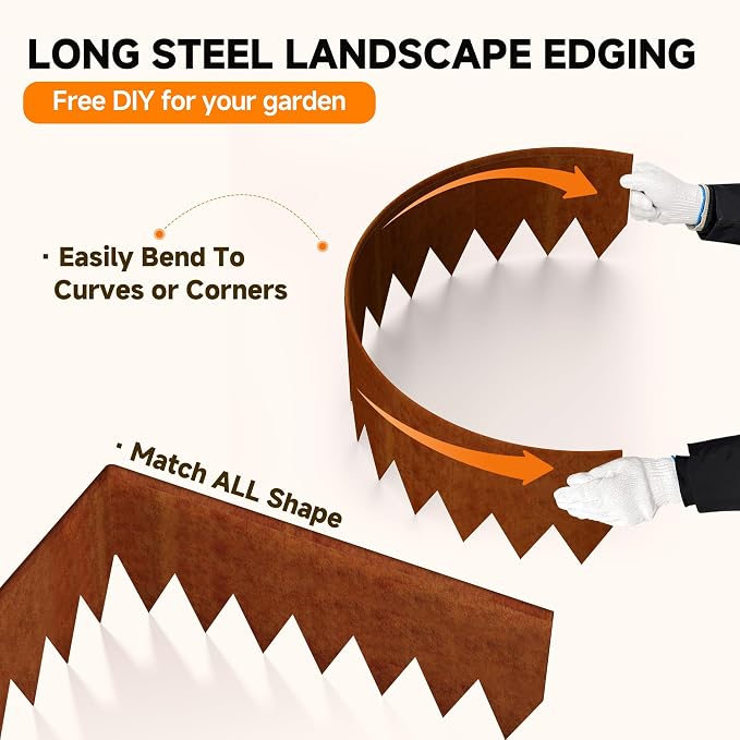 20ft.Cor-Ten Weathering Steel Landscape Edging(6 Pack)-8"x40"- Pre-Rusted Garden Edging with 7 Clips & Gloves - Durable,Flexible, Easy-to-Install for Landscaping,Tree Rings,Lawn & Garden