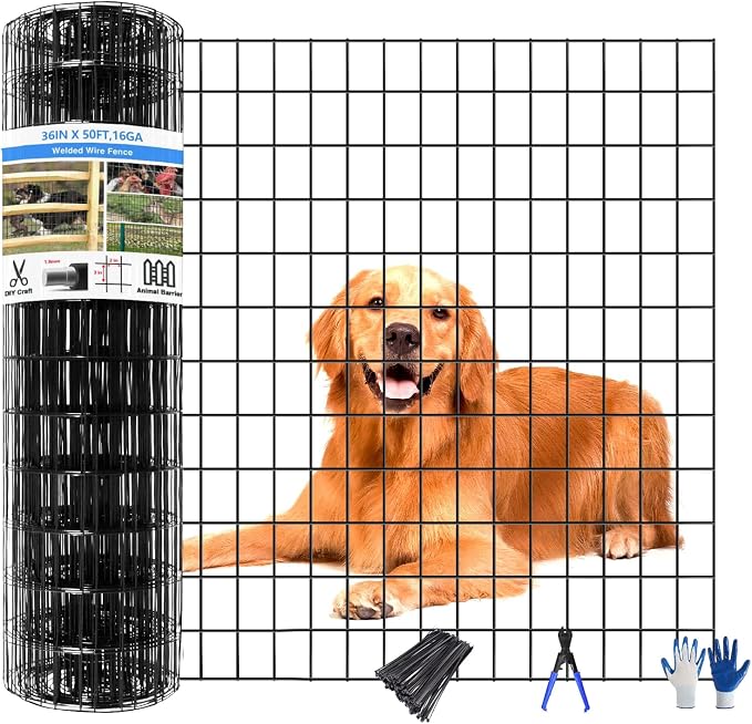GILPWA Welded Wire Fence, 100ft(L) x 36inch(H) PVC Coated Wire Fencing for Dog, 2 Inch x 3 Inch 16GA Fencing for Chicken, Anti-Rust Roll Metal Wire Mesh Fence for Yard Vegetable, Black