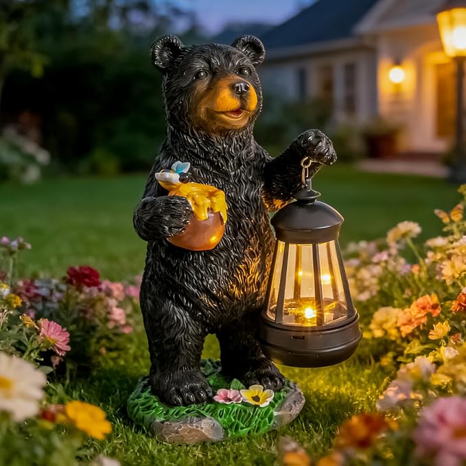 Pohabery Solar Bear Garden Statue with Lantern, Resin Bear Figurine for Outdoor Yard Lawn Porch Pathway Decor