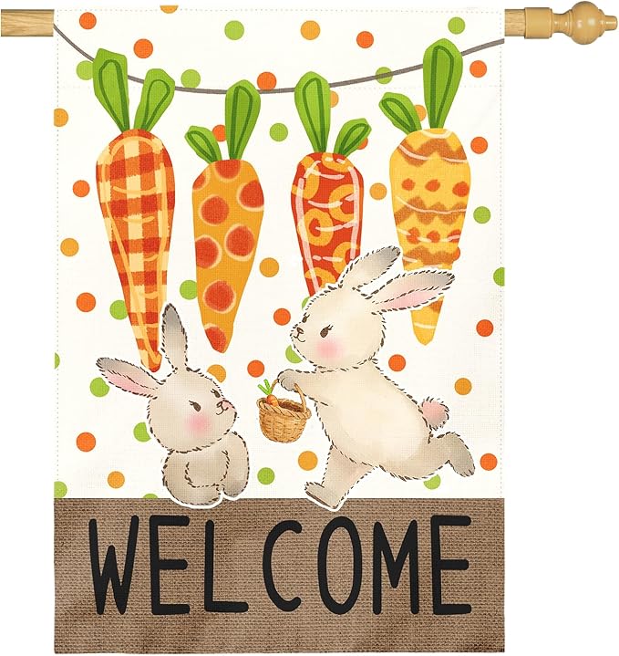 Large Easter Garden Flag 28x40 Inch Double Sided Welcome Bunny and Carrot Yard Flags Spring Outdoor Porch Decorations Farmhouse Easter Bunny House Banners for Lawn Patio Garden and Home Decor