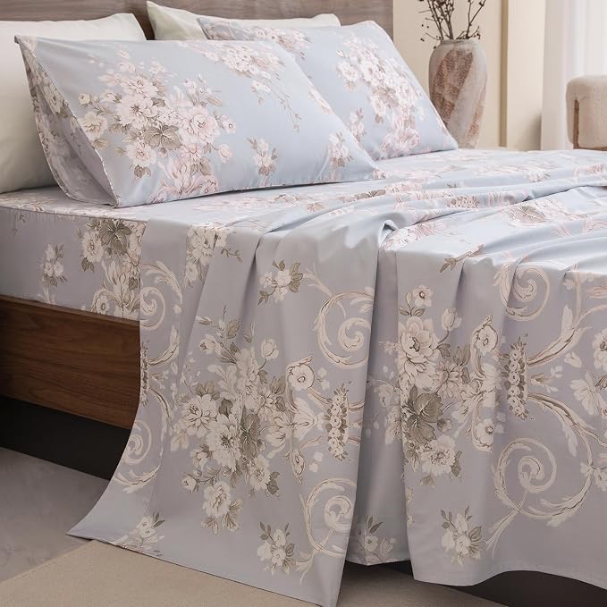 QSH Floral King Size Sheet Sets - 100% Egyptian Cotton Floral Bedding Sheets Blue Vintage Paisley Flower Pattern Printed Bedding King Size Bed Sheets 17.5" Extra Deep Pocket 4pcs