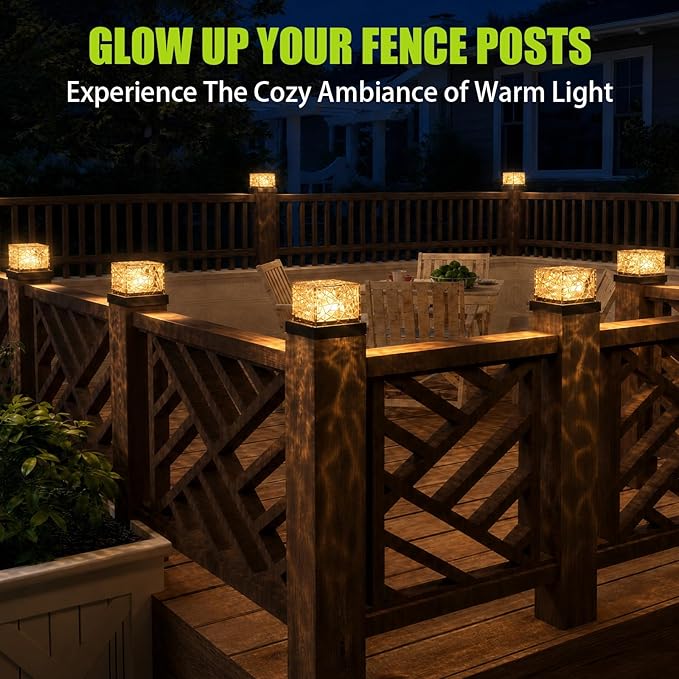 6Pack Crack Pattern Solar Post Cap Lights, DIY Firefly String Light Fence Post Solar Lights, 4x4 5x5 6x6 Vinyl/Wood Deck Post Cap Light, Built-in Solar Panel, Steady&Flickering Outdoor Patio Decor