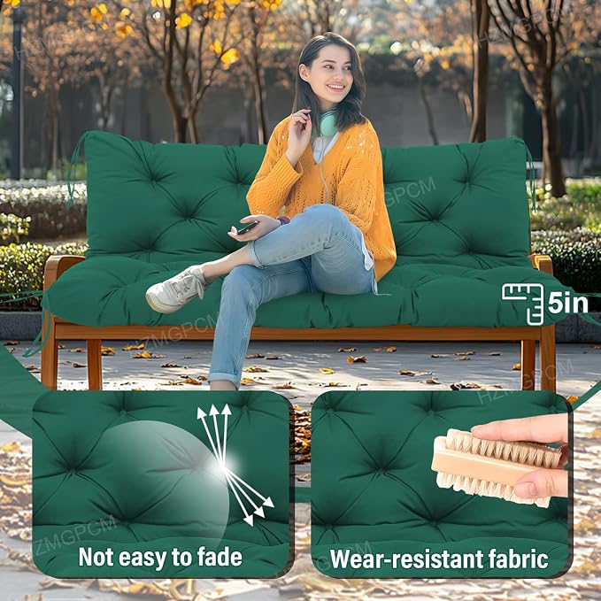 Extra Thick 5" Waterproof Porch Swing Cushions Outdoor 40 inch Swing Cushions 2 Seater Replacement with Backrest and Ties for Outdoor Furniture Patio Bench Garden (Dark Green)