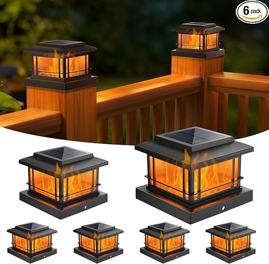 NIORSUN Solar Post Lights Outdoor, Fence Post Solar Lights with Flickering Flame Light & 3 Color Temps, Waterproof, Garden Patio Fence Deck Decor, 4x4 Posts Caps, 4x4, 5x5 Wooden & Vinyl (6Pack,Black)