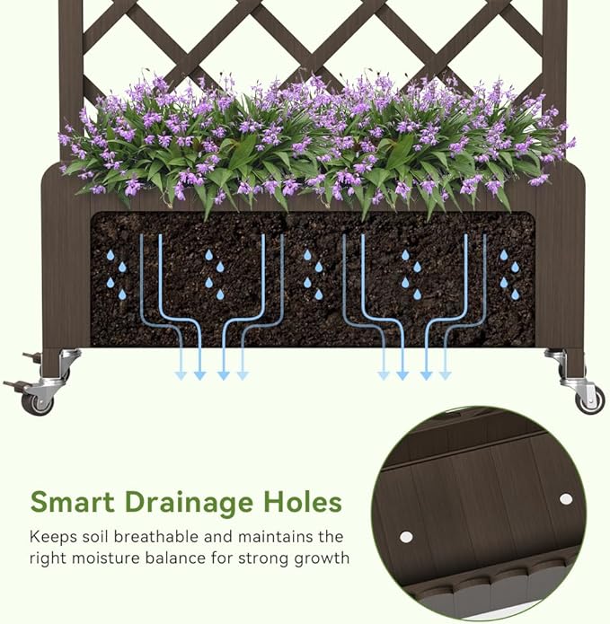 COMHOMA 2 Pack Raised Garden Bed with Trellis and Wheels,48Inch Elevated Planter Box with Drainage Holes,Lattice Privacy Screen for Climbing Plants Vegetables,Outdoor for Patio Balcony Yard,Brown