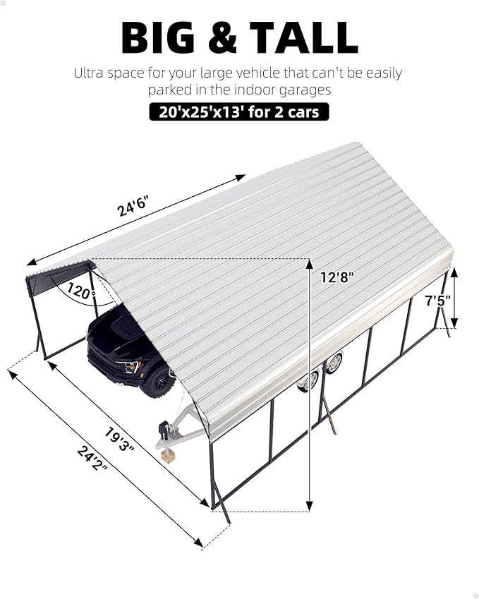 GarveeLife 20'x25'x13' Metal Carport for 2 Cars, Heavy Duty Car Ports with Reinforced Frame, Tall Metal Car Ports for Bass Boats, Full-Sized Pickup Trucks, and Tractors