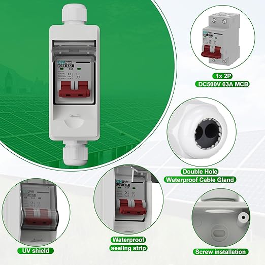 63 Amp Solar Disconnect Switch DC500V Circuit Breaker AC 120V/240V Disconnect Box Outdoor IP65 Waterproof