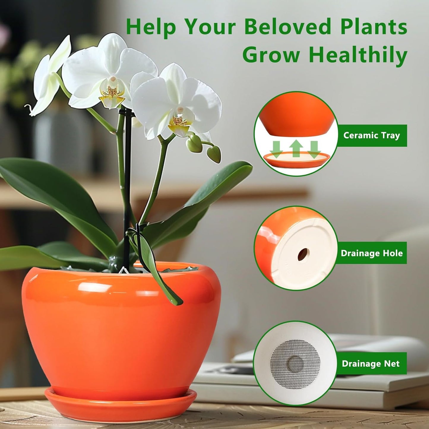 Ceramic Pot for Plants - 10 Inch Plant Pot with Drainage Hole and Saucer, Modern Round Glaze Planter for Indoor Outdoor Plants, Plant Lover Gifts, Home Garden Office Decor, Orange