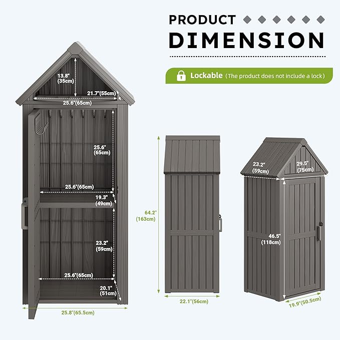 Vertical Outdoor Storage Shed, Waterproof Resin Outdoor Storage Cabinet with Removable Shelves & 12 Hooks, Lockable Small Tool Shed for Garden, Backyard, Patio, Pool, Classic Gray