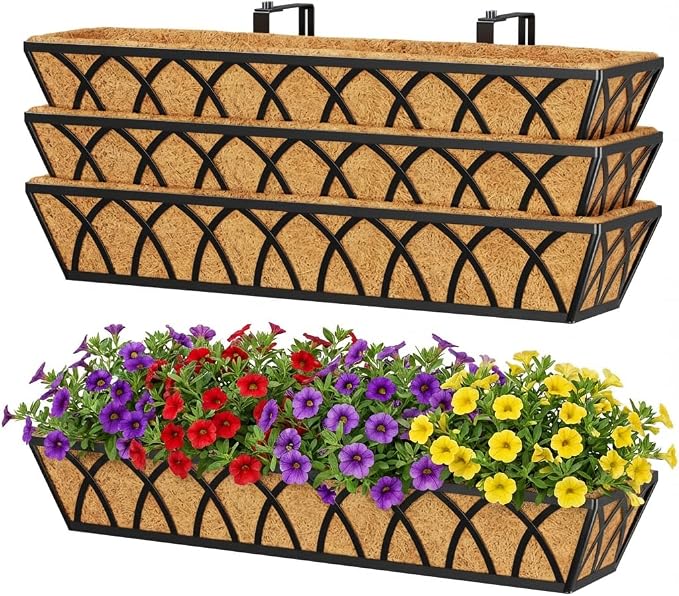 Y&M Railing Planter Boxes, Metal Hanging Balcony Planter, Adjustable Deck Railing Planter for Fence, Window Boxes Outdoor, Heavy Duty Flower Box for Porch Rail-30inch 4pcs