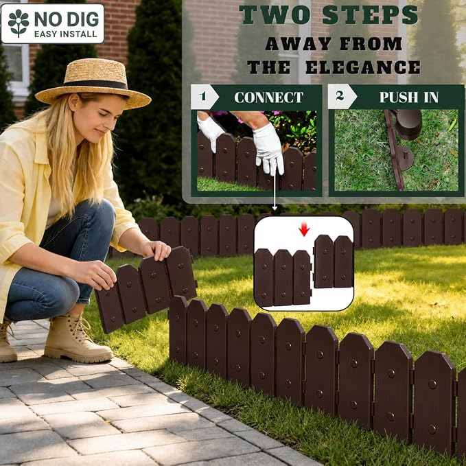 Evelyne Garden Border Edging: Wooden Grain Fence Dog Ear Design - Landscaping Fence Liner Lawn Edge Barrier - Decorative Lawn Landscape Panels Elements -Landscaping Edging (Brown, 10ft.)