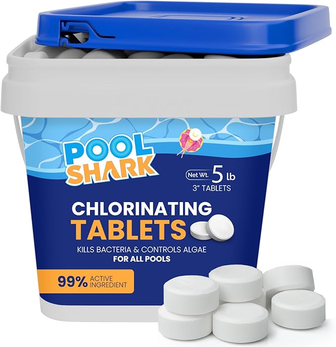 Pool Shark Swimming Pool Chlorine Tablets | 3-Inch Chlorine Tablets | 5 lbs | Slow-Dissolving 90% Active Chlorine Tabs - Pool Chemicals for Inground Pools, Above Ground Pools, Saltwater, Spa, Hot Tub