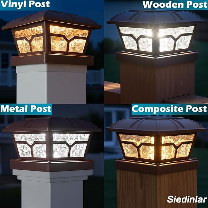 SIEDiNLAR Solar Post Cap Lights Outdoor 2 Color Modes 8 LEDs for 4x4 5x5 6x6 Posts Fence Deck Patio Decoration Warm White & Cool White Lighting Brown (2 Pack)