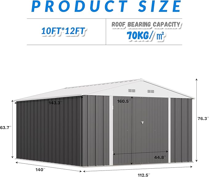 Greesum 10x12FT Outdoor Storage Shed, Utility Tool Shed with Sloping Roof, Metal Storaged Garden Shed with Door & Lock for Patio Storage, Gray
