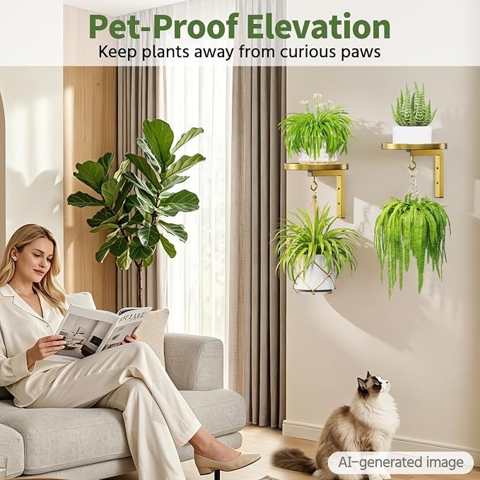 LASZOLA Plant Hangers Shelves Wall Mounted Indoor with Grow Lights, Metal Window Plant Holders, 2Pcs Modern Floating Flower Display Stand with 2 Hooks for Outdoor Kitchen Bathroom Decor, Gold