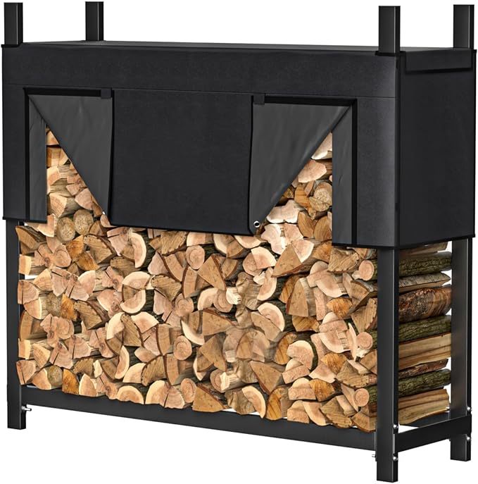 WALMANN Heavy-Duty Firewood Rack with Waterproof Cover & Firewood Carry Bag, 4 ft Outdoor Indoor Wood Log Holder for Fireplace, Patio & Porch, Sturdy Steel Fire Wood Storage Stand
