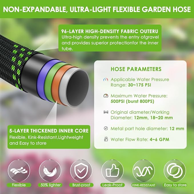 Non-Expanding Garden Hose 100 ft, Lightweight Hose & Flexible Water Hose With 10-Pattern Spray Nozzle, Kink-Free Design, Durable Leakproof Yard Outdoor Hose, Portable Storage Strap, 100 Feet