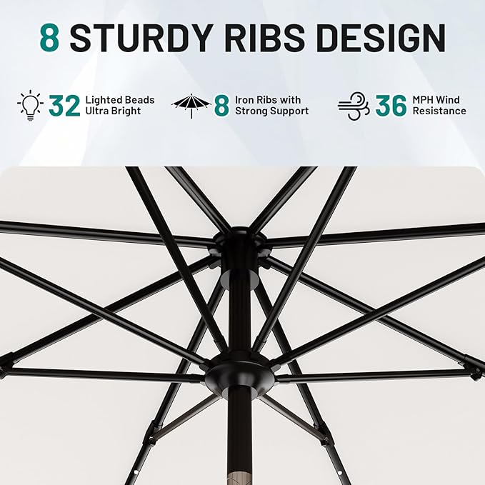 AreShark 11FT Large Patio Umbrella with Solar Lights, Lighted Solar Umbrella with Crank, Outdoor Table Market Umbrellas for Garden, Deck, Backyard, Pool and Beach, Cream-White