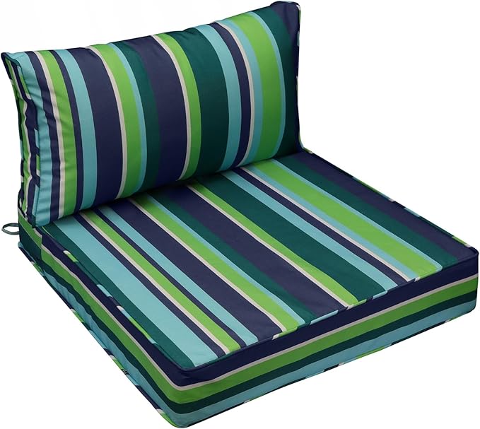 AAAAAcessories Outdoor Seat Cushions for Chairs, Fade-Resistant, Waterproof Patio Furniture Replacement Cushions, 23" x 23" x 5" + 23" x 13.5", Stormy Teal Coastal Stripe