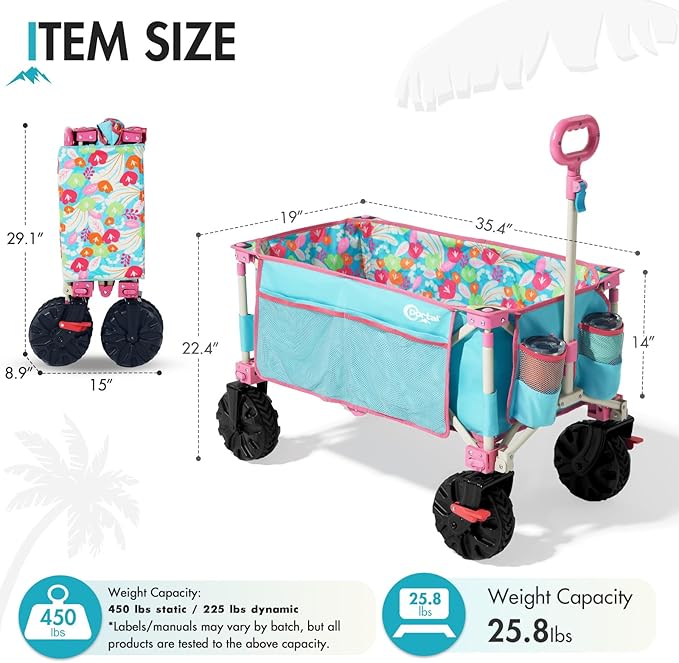 Portal Large Collapsible Wagons Carts, 450 LBs Heavy Duty Beach Wagon with Big Wheels, Foldable Wagon for Beach, Camping, Sports, Grocery
