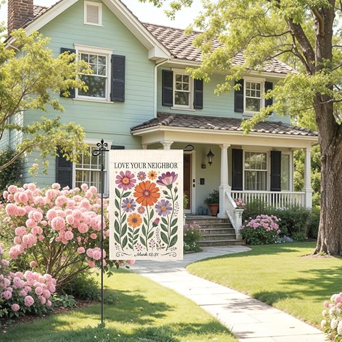 Love Your Neighbor Garden Flag Double Sided Yard Outdoor Decoration 12x18 Inch, Friendly Neighbor Floral Yard Garden Flag, Mark 12:31Christian Bible Verse Decoration Banner