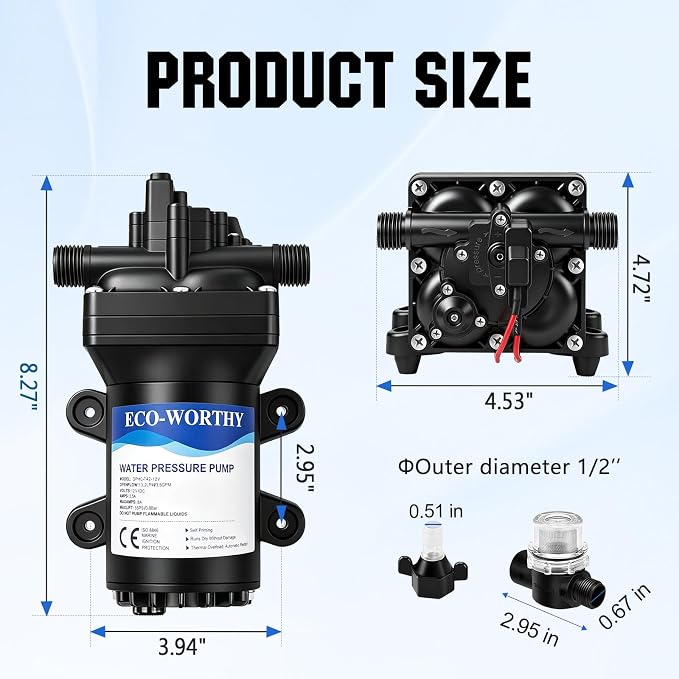 ECO-WORTHY 12V RV Water Pump, 3.5 GPM, 55 PSI, Self Priming Water Pump with Pressure Switch, 4-Chamber Fresh Water Pump for Boat Marine Camper Truck Shower Sprayer