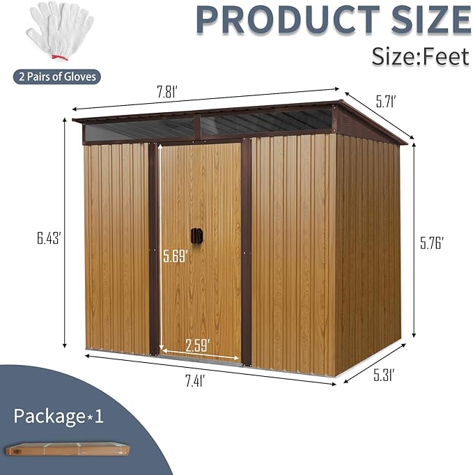 KEIKI 8x6 FT Outdoor Metal Storage Shed with Sloped Roof,Vents and Lockable Sliding Door for Garden Yard