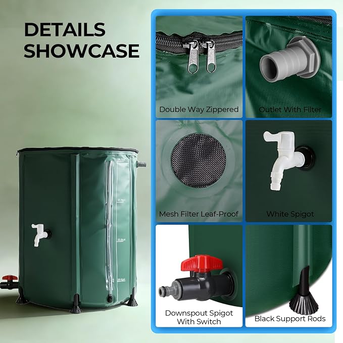 SKM Collapsible Rain Barrel, PVC Rain Water Collection System and Water Tank for Outdoor/Garden/Lawn, Portable Rain Water Collection Barrel Container with Spigots & Overflow Kit, 53Gallon, Green