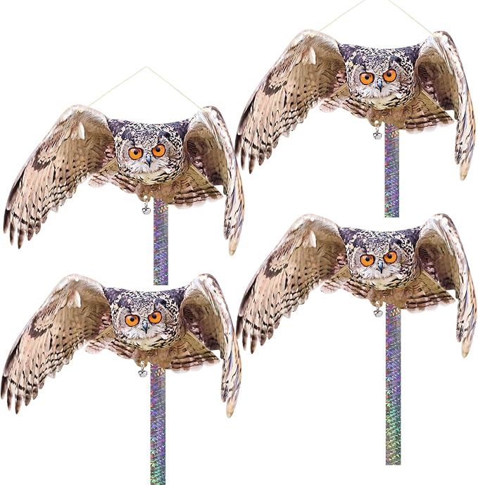 Plastic Owls to Scare Pigeon Away from Porch, 4PCS Fake Owl to Keep Woodpecker Away for House with Reflective Tape, Flat Garden Owls, Squirrel Pigeon Scare Devices, Hanging Owl Decor for Outdoor