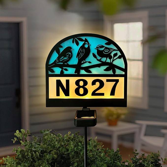 Solar Address Signs for Houses,Metal Birds House Number Yard Garden Stake | Outdoor House Address Sign Decor for Front Yard Garden,Outside,Lawn,Patio,Pathway