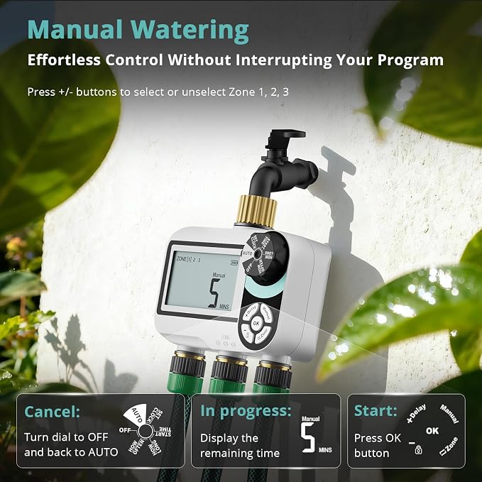 QUOBAS Brass Sprinkler Timer for Garden Hose, Programmable Water Timer for Hose Faucet with Child Lock, Rain Delay/Auto/Manual 3 Modes, Large Waterproof Screen, 3 Zone Independent Watering