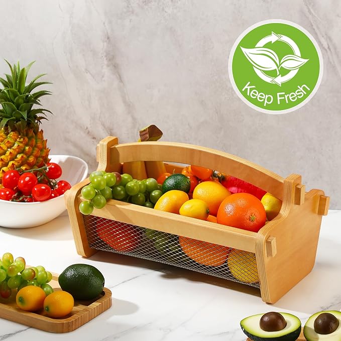 Teenyyou Garden Harvest Basket Mesh Storage with Handle Versatile Gardening Fruits Vegetables Gathering Basket Garden Supply Gardener Gift Spring for Washing Holding(Wood Color,13.4in)