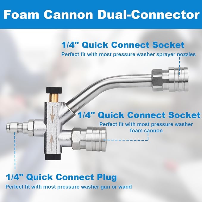 DUSICHIN Short Wand Pressure Washer Gun Foam Cannon 1/4" Quick Connector Pressure Washer Accessory,Car Wash Foam Gun Dual Ended Shift Connector 5 Pressure Washer Nozzles M22-14, M22-15 Brass Fittings