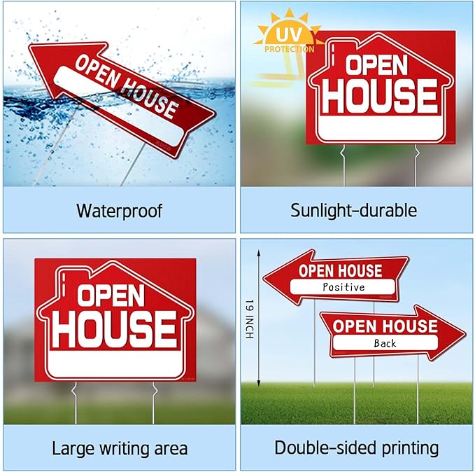 Open House Signs for Real Estate (9 Pcs), 6 Pcs Directional Arrows Signs, 3 Pcs Open House Sign, Double Sided Large Yard Sign with Stakes, Real Estate Agents Supplies, Flag - compatible, Red