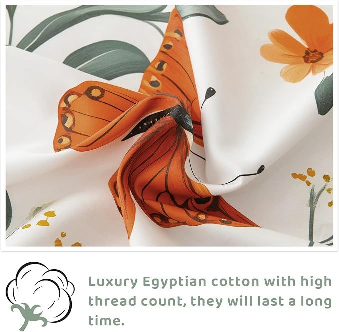 QSH Green Floral Sheets Queen Size,100% Egyptian Cotton Sheets Queen Rosemary Flowers Butterfly Botanical Pattern Printed Bedding Sheet Extra Soft and Breathable 17.5" Deep Pockets Bed Sheet 4PCs