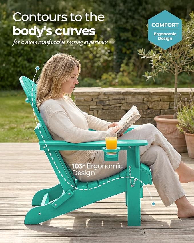 Ciokea Folding Adirondack Chair 4 Pack, Patio Adirondack Chair Weather Resistant, Plastic Fire Pit Chair with Cup Holder, Lawn Chair for Outdoor Porch Garden Backyard Deck (Lake Blue)