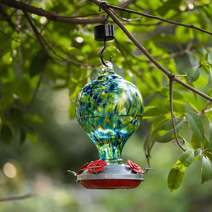 Hummingbird Feeders for Outdoors Hanging, 32OZ Hand Blown Glass Hummingbird Feeder for Outside, 4 Perch Ant Moat Leakproof, Garden Decor, Backyard Bird Gifts for Mom (Blue) | LaElvish Garden Hummingbird Feeders for Outdoors Hanging, 32OZ Hand Blown Gla...