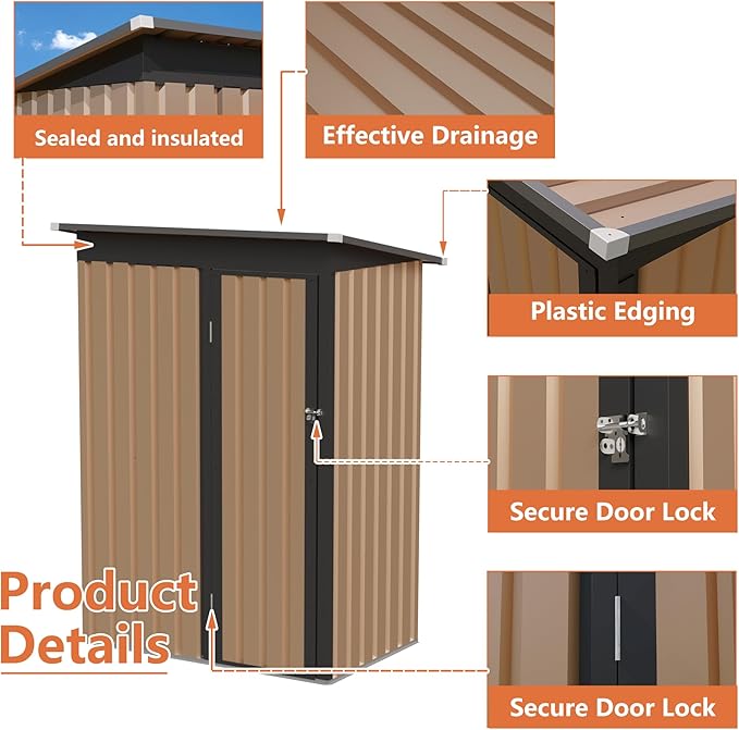 KEIKI 5x3 FT Metal Storage Shed with Pent Roof & Lockable Door, Small Outdoor Garden Tool Shed for Backyard, Patio, or Tiny House, Brown