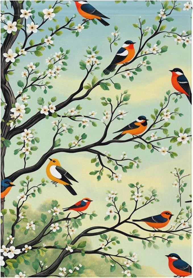 Spring Flower Birds House Flag 28x40 Inch Double Sided Outside Cherry Blossoms Tree Seasonal Yard Outdoor Flag Banner for Garden Lawn Patio Holiday Decorations