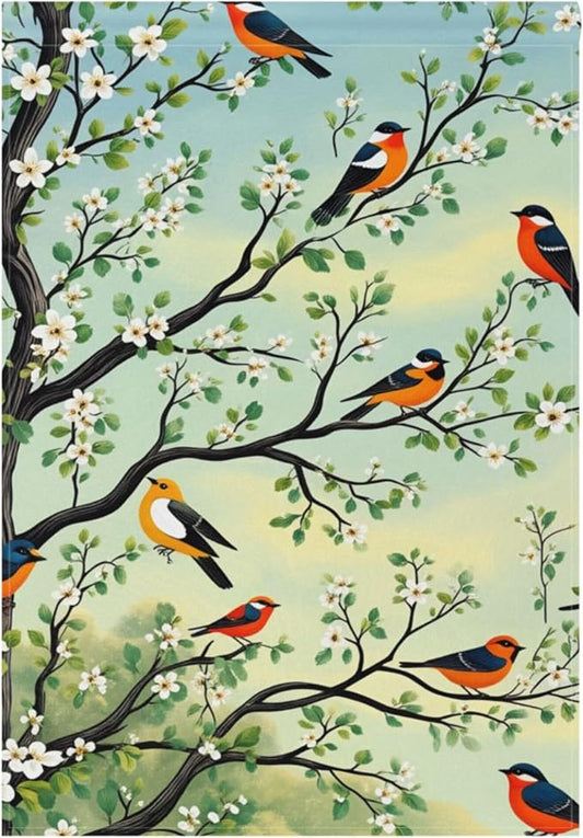 Spring Flower Birds House Flag 28x40 Inch Double Sided Outside Cherry Blossoms Tree Seasonal Yard Outdoor Flag Banner for Garden Lawn Patio Holiday Decorations