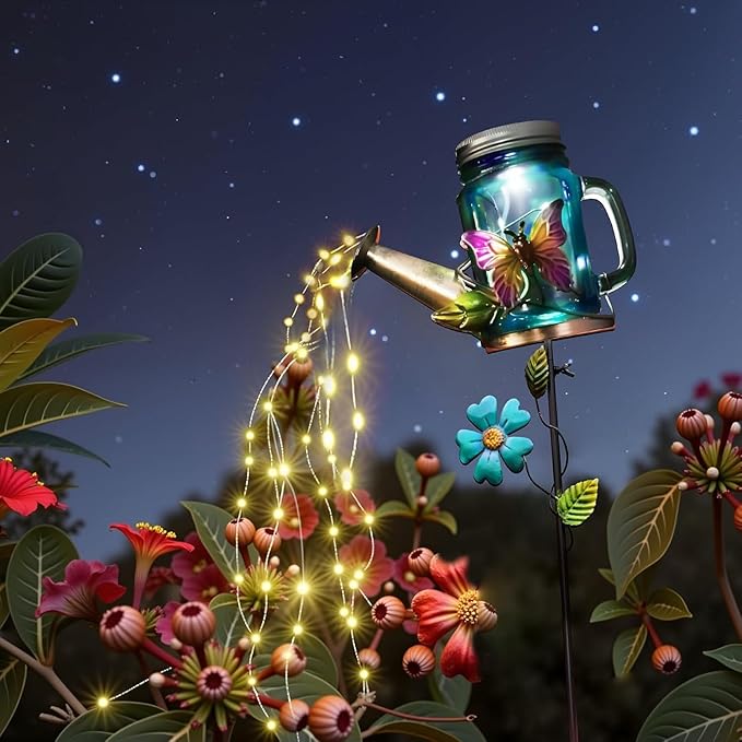 SRNPMIU Solar Watering Can Light, Yard Outdoor Decor Lights, IP65 Waterproof, Hanging Butterfly Garden Light, Outside Garden Flower Bed Decor, Women Gift, Birthday Gifts