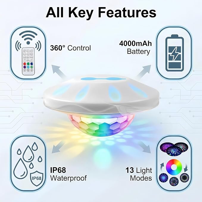 Godferyxin Floating Pool Lights for Night Party, 1 Pack 4000mAh Color-Changing LED Pool Floats, Waterproof Lanterns for Swimming Pool, Pond, or Backyard Decoration