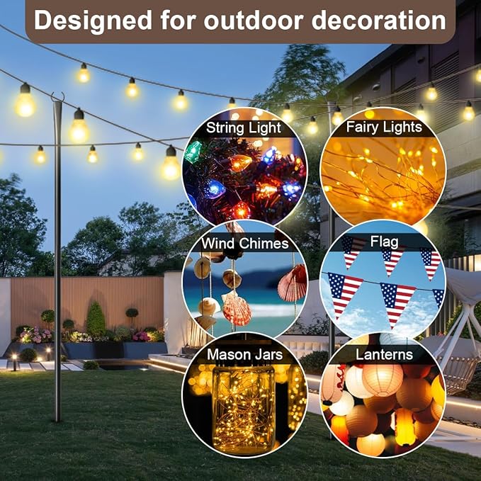 MuliVid 2 Pack 10FT Lighting Hanging Pole for Outside, Waterproof Hardened Metal Outdoor String Light Poles for Patio, Garden, Bistro, Wedding, Parties