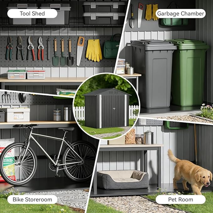 COMHOMA Shed Storage Outdoor Metal Windowed Lockable Solar Motion Light Adjustable Weatherproof Ventilated Backyard Garden Utility Workshop(Grey,6'*4')