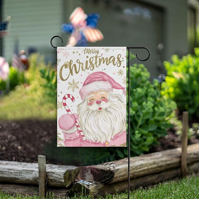 Pfrewn Christmas Winter House Flag 28x40 Double Sided Cute Sweet Santa Claus Golden Snowflakes Garden Yard Flags Welcome Winter Outdoor Indoor Banner for Party Home Merry Christmas Xmas Decorations