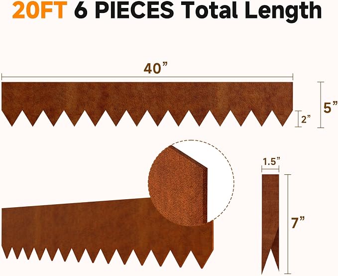 20ft.Cor-Ten Weathering Steel Landscape Edging(6 Pack)-5"x40"- Pre-Rusted Garden Edging with 7 Clips & Gloves - Durable,Flexible, Easy-to-Install for Landscaping,Tree Rings,Lawn & Garden