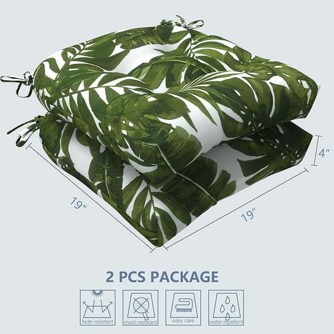 LVTXIII Outdoor U-Shaped Wicker Seat Cushion, Decorative Tufted Chair Pads Fluffy Seat Cushion Sets for Patio Garden Home Office Furniture, 19”x19”x4”, 2 Pack, Palm Green