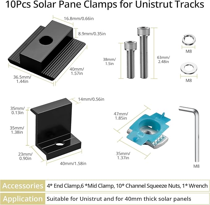 Anbte 10 PCS Solar Panel Clamps for Unistrut, Aluminium 40mm 6 x T-Shaped Mid Clamps + 4 x End Clamps, Solar Panel Mounting Brackets for Metal, Tin, Flat, Sheet Roofs, RV, Black