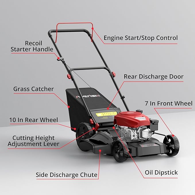 AMERISUN 21" Push Gas Lawn Mower, 3-in-1 Gas Lawnmower, 144cc 4-Stroke OHV Engine, 6 Height Adjustment, 1.4 Bushel Grass Catcher with Bagging, Mulching & Side Discharge Efficient Steel Deck